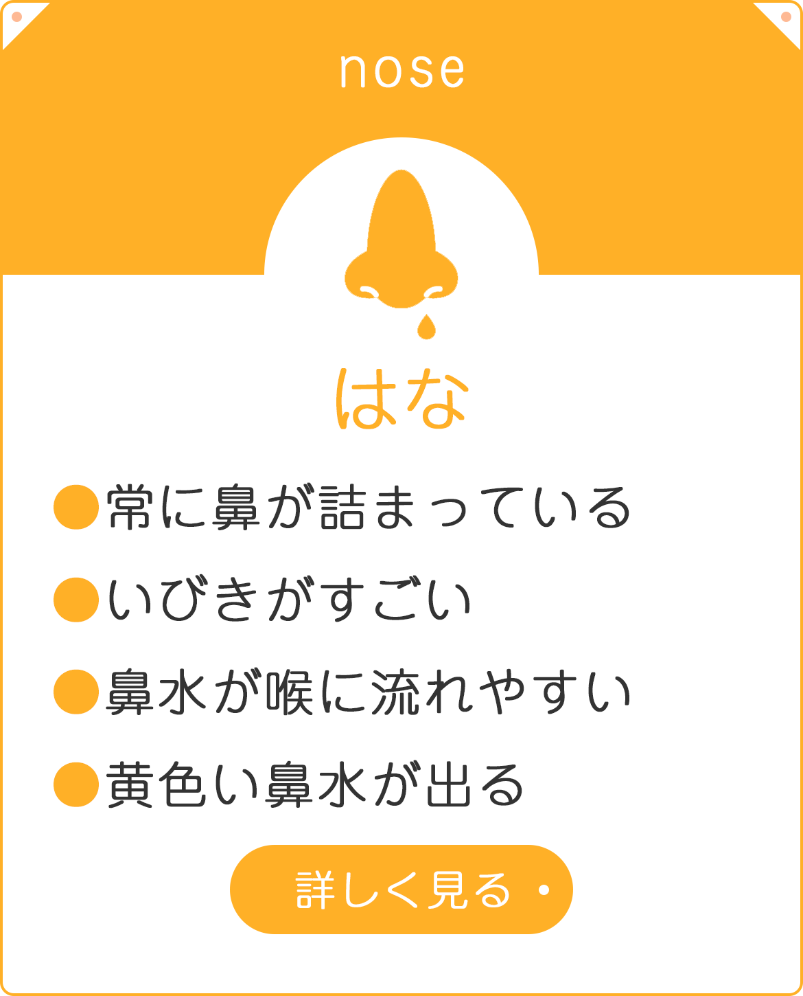 はな　●常に鼻が詰まっている　●いびきがすごい　●鼻水が喉に流れやすい　●黄色い鼻水が出る